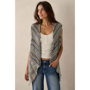 BKE Women Gray Open Cardigan Sz L Knit Gray Raw Edge Fringe Draped Vest Boho U3